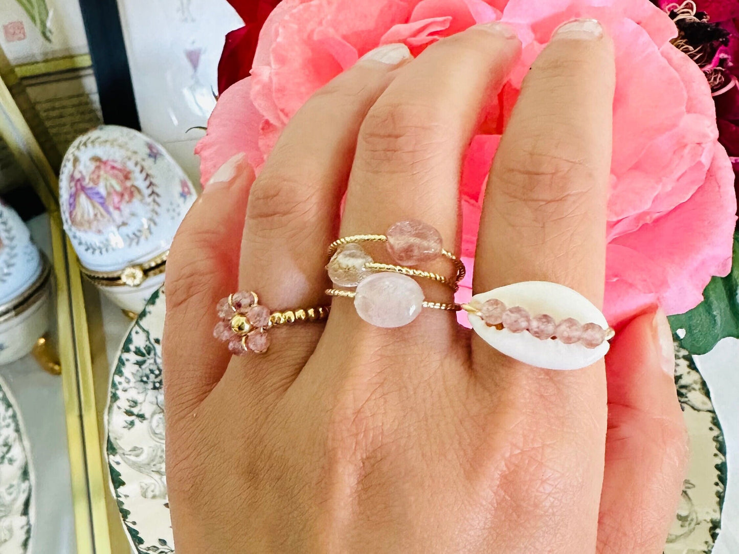 Bague en pierres naturelles plaqué or 14 carats