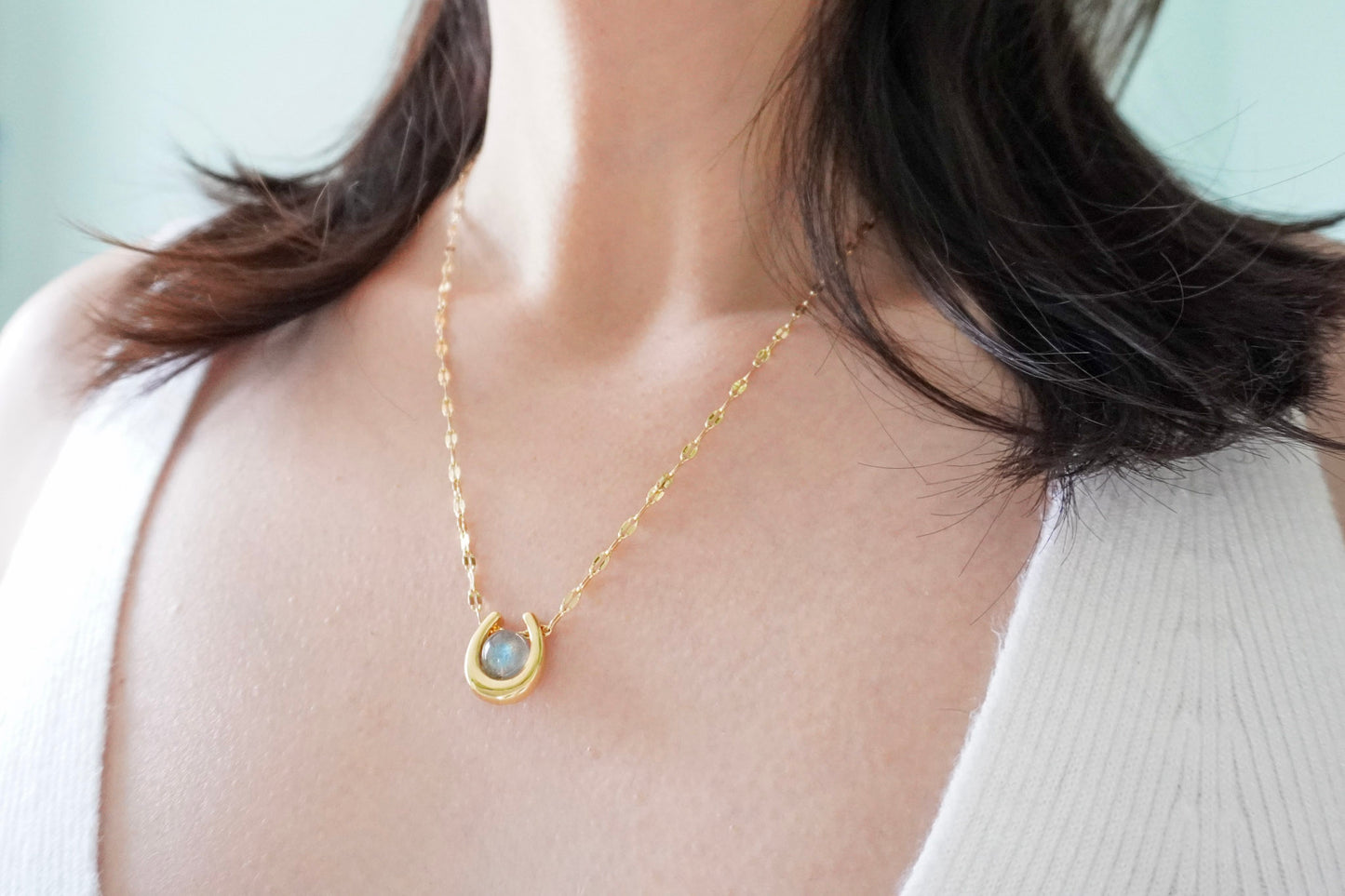 Collier Fer à Cheval | Labradorite Pierre de Lune Sunstone | Bijou Porte-Bonheur