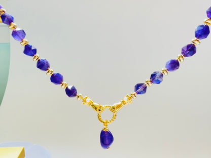 Collier Améthyste perle à facettes, Pendentif Main Protectrice, Or 14 carats, pierre véritable,  Bijoux d’été, Cadeau anniversaire pour elle
