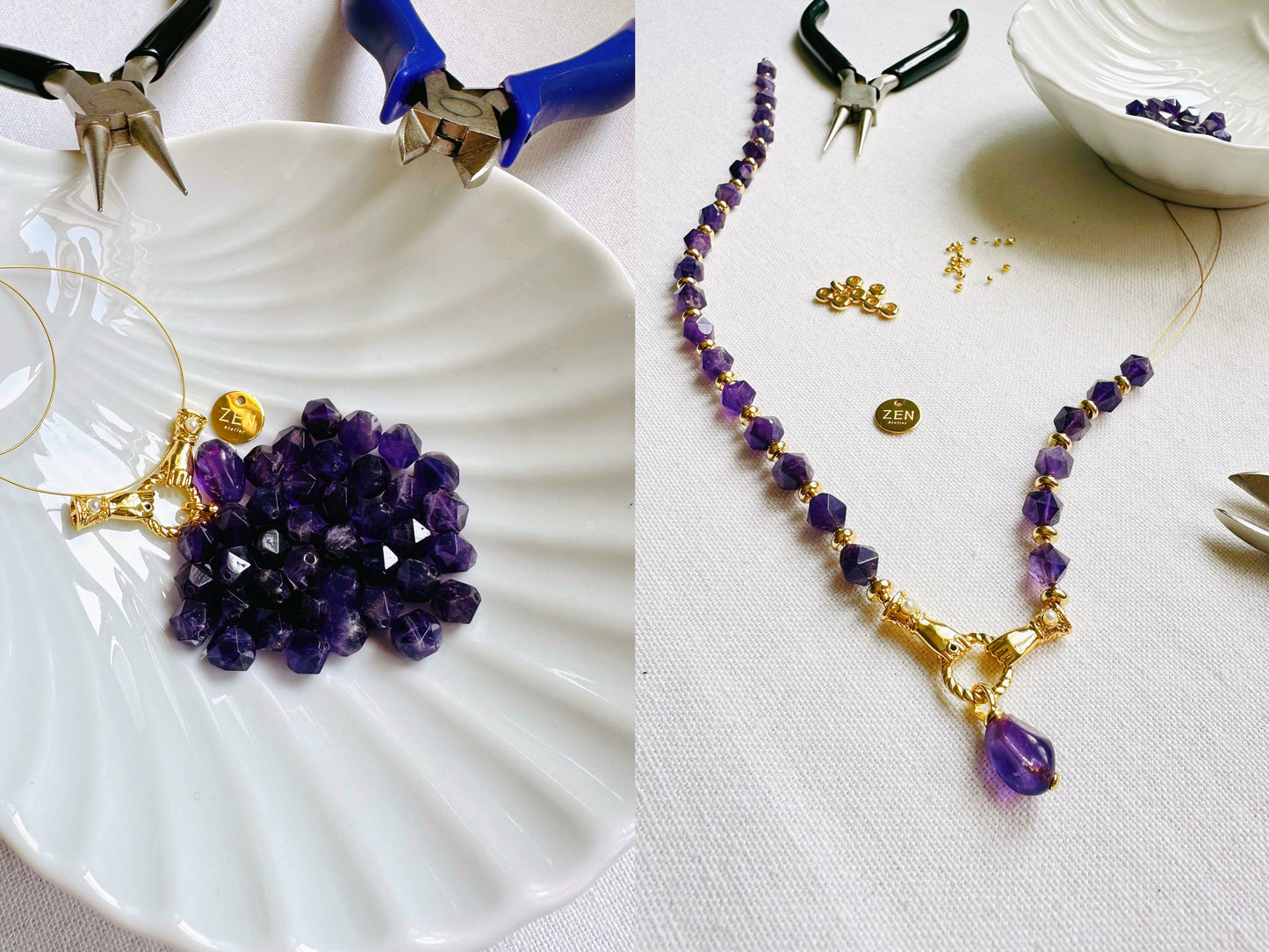 Collier Améthyste perle à facettes, Pendentif Main Protectrice, Or 14 carats, pierre véritable,  Bijoux d’été, Cadeau anniversaire pour elle