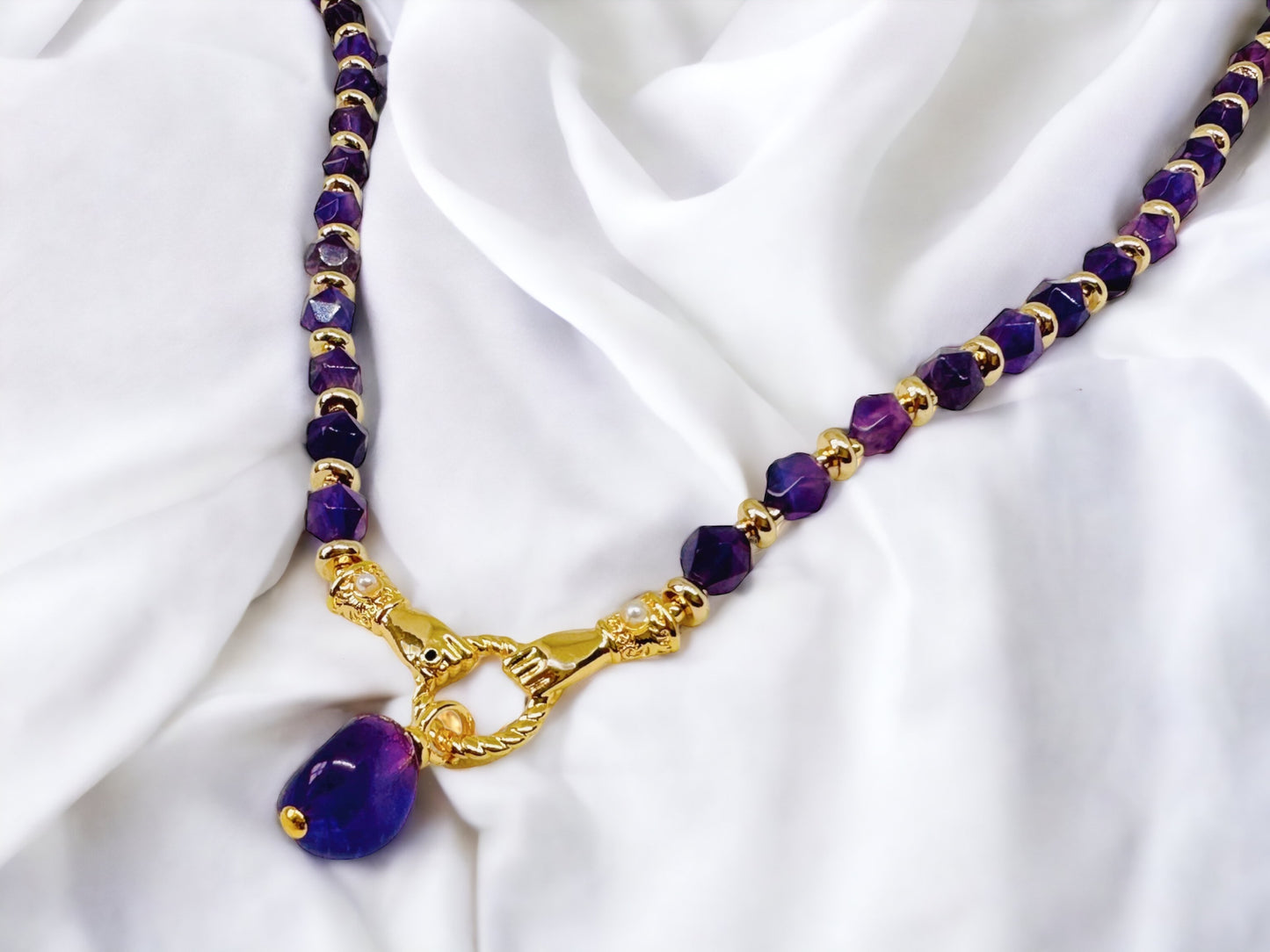 Collier Améthyste perle à facettes, Pendentif Main Protectrice, Or 14 carats, pierre véritable,  Bijoux d’été, Cadeau anniversaire pour elle