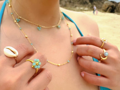 Daisy Flowers Ring with natural stone beads