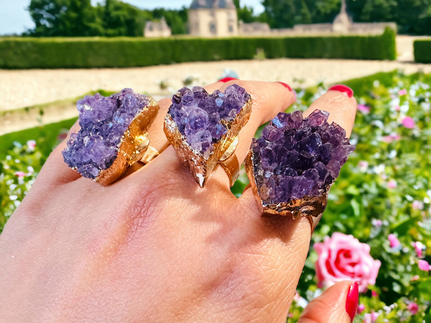 Bague cocktail avec geode Améthyste naturelle