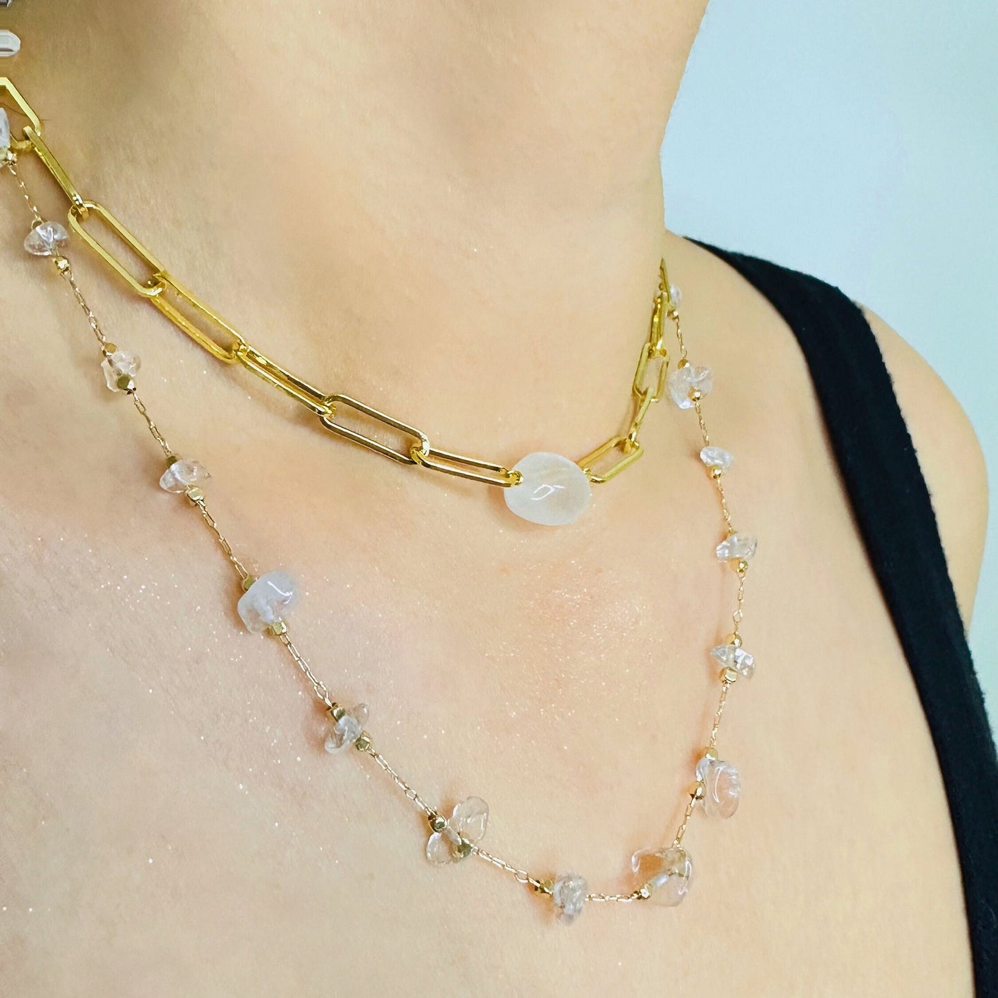 Collier de chaîne de trombone • Collier Cristal • Quartz Rose • Améthyste • Tour de cou de déclaration • Or 14 carats • Cadeau pour elle