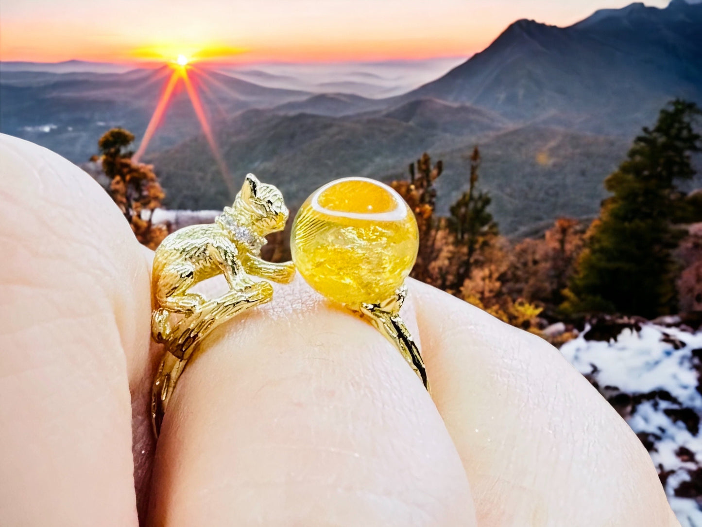 Adjustable citrine ring with cat