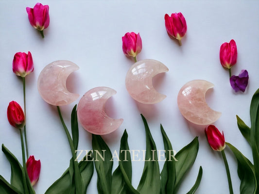 Rose quartz crescent moon 30mm, star cherry flower agate, healing stone, yoga meditation, anniversary gift, crystal pet