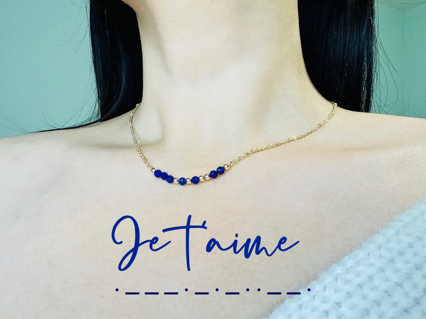 Collier minimaliste "Je t'aime" en code morse, lapis-lazuli, améthyste, bijoux déclaration, Cadeau anniversaire pour elle, cadeau couple